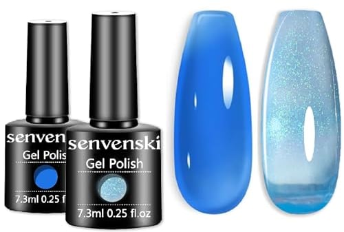 Senvenski Bleu Gelée Vitrail Vernis Semi Permanent, Glace Nudité Verre Bleu Vernis à Ongles Gift Set UV LED Art Varnish Kit pour French Manucure (CS2-016)