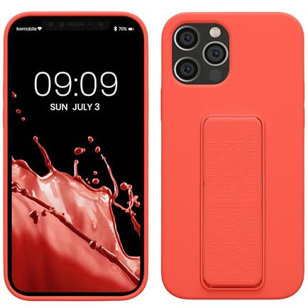 kwmobile Case Compatible with Apple iPhone 12 / iPhone 12 Pro - Case with Hand Strap and Stand Soft TPU Silicone Coating - Coral