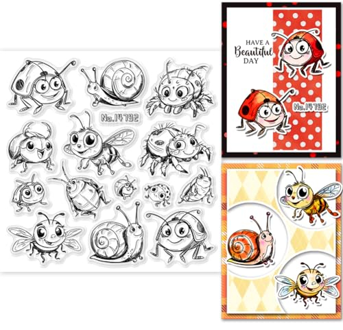GLOBLELAND Lustigen Insekten Transparente Stempel 5.91x5.91 inch Marienkäfer Bienen Spinnen chnecken Silikon Stempelsiegel Cartoon Insekten Transparente Stempel für DIY Journal Scrapbooking