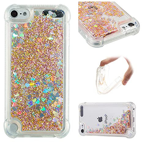 SIYOPINPFY Hülle für iPod Touch 7 / 6 / 5, Glitzer Gold, TPU Silikon, Flüssigkeit, Stoßfest, Kameraschutz, Körperschutz