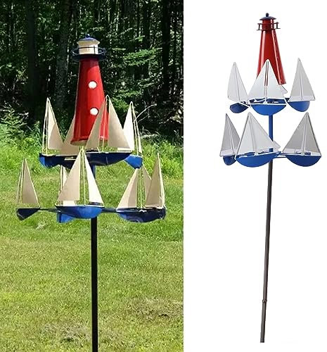 PerGar Segelboot-Windmühlen, Sommer-Leuchtturm-Segelboot-Windmühlen, Nautisches Windspiel aus Metall mit Metallpfahl, Leuchtturm-Segelboot-Windmühlen für Hof und Garten Im Freien