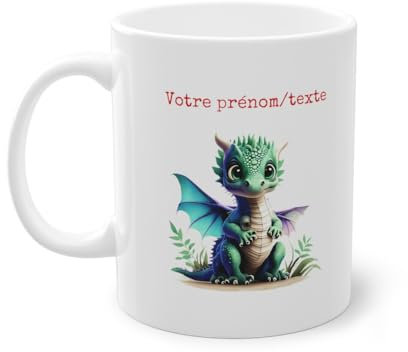Teecustom Mug Personnalisable personnalisé dragon avec son prénom ou texte pour enfant et adulte, Céramique, 325ml (11oz), Multicolore