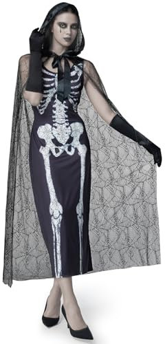 JONRRYIN Robe Squelette Femme, Déguisement Squelette Femme, Costume Halloween Femme Sexy avec Voile, Cape et Gants, Horreur Cosplay Costume Femme pour Halloween