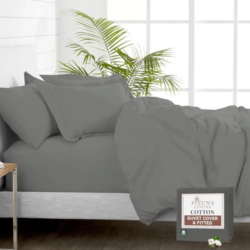 Pizuna Pure 100% Cotton Super King Duvet Cover with Super King Fitted Sheet Dark Grey, 400 Thread Count Long Staple Cotton Bedding Set, Soft Sateen Weave Quilt Cover Set & 40 cm Deep Fitted Sheets