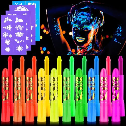 UZSUZZ Peinture Fluorescents UV, 10 Crayons Kit De Peinture UV Néon Pour Le Visage Et Le Corps, Lavables Non Toxiques Peinture pour le Visage, pour Halloween, Noël, Carnaval, Soirées à Thème