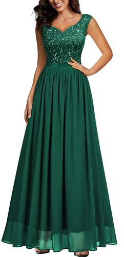 MIUSOL Women's Double V Neck Sequin Lace Chiffon Evening Prom Party Wedding Maxi Dress (Small, Dark Green)