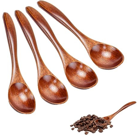 KNGNGK Cuchara de Madera Pequeña de 4 Piezas, 13 x 3 Cm, Cuchara de Café Pequeña de Madera, Cuchara de Madera de Miel, Cuchara Pequeña de Madera de Olivo, Cuchara Pequeña de Madera de Cocina para Té