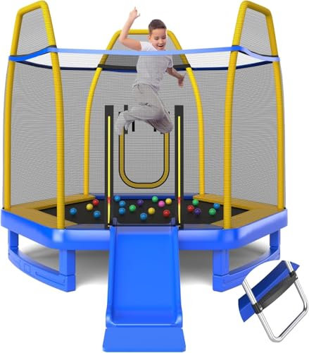 KLYDBMYT Mini Trampoline Pliable, Trampoline pour Enfants de 7 Pieds, Trampolines hexagonaux avec Toboggan, Échelle, Filet de Sécurité et Boules de Mer