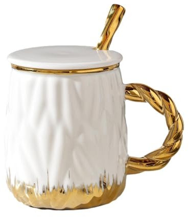 Huiyiwert Tasse à café en porcelaine - 450 ml - Grande tasse à café avec couvercle et cuillère - Tasse de bureau - Tasse à cacao avec anse - Cadeau de Noël, d'anniversaire pour hommes, femmes, amis
