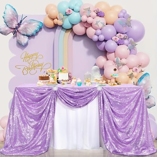 BrillShine Tovaglia Compleanno 125x200cm Paillettes Tovaglia Viola Chiaro Feste Tovaglia per Baby Shower Natale Matrimoni Decorazione