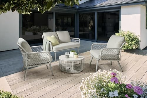 KETTLER Toulon 4-Seat Lounge Set – Garden Furniture, Weatherproof Cushions, Wood-Effect Heat Transferred Aluminium Table, Stylish Seating with Rope Design for Relaxation and Gatherings