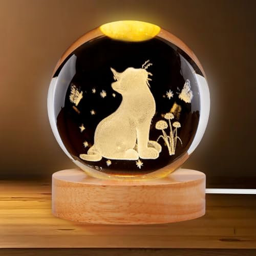 Bola de cristal 3D Luz nocturna: Gatos Bola de Cristal Lámpara USB 3D Luz Nocturna Gato Luz Cálida Bola de Cristal Lámpara de Noche con Base de Madera LED para Navidad, Acción de Gracias, Día de San