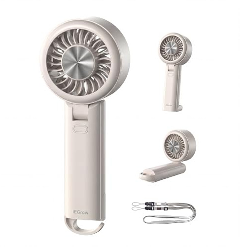 iEGrow Handventilator, Tragbarer USB Aufladbarer Mini Ventilator mit 3 Geschwindigkeitsstufen, Faltventilator für Reise Zuhause, Büro und Schlafzimmer (Beige)
