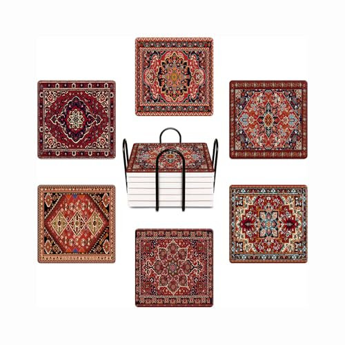 WWOOPLL Red Drink Coasters Set of 6, Tribal Geometric Pattern Bohemian Absorbent Square Ceramic Stone Mat Coaster, with Cork Base and Metal Holder, Anti-Slip Cork Bottom for Mugs and Glasses