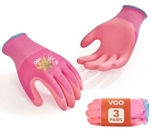 Vgo... 3 Paar Damen Gartenhandschuhe - Latex beschichtet Rutschfest, Atmungsaktiv & Langlebig für Outdoor, Bau, DIY | Maschinenwaschbar, Flexible Passform (3Paar/M/Rosa/RB6013-G)