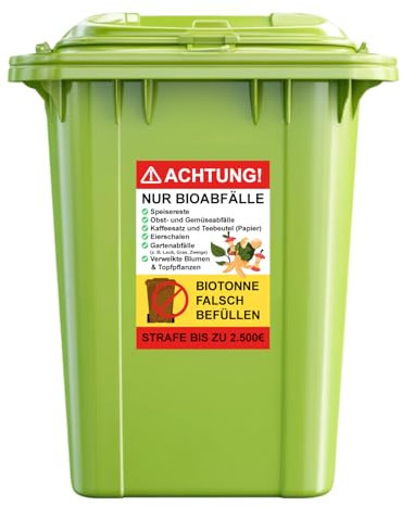 P028 Biotonnen Aufkleber 2er Set – Mülltrennung Hinweis wetterfest – Bioabfall richtig entsorgen – Bußgeld vermeiden – Deutsch/Englisch (Variante 3 Achtung)