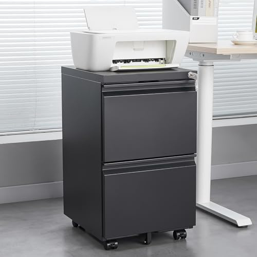 KOMHTOM Moderne Meuble de Rangement Bureau, Classeur Mobile à 2 Tiroirs en Métal avec Serrure, Casier a Clef, Meuble Imprimante (Noir, 39×45×67.5cm)