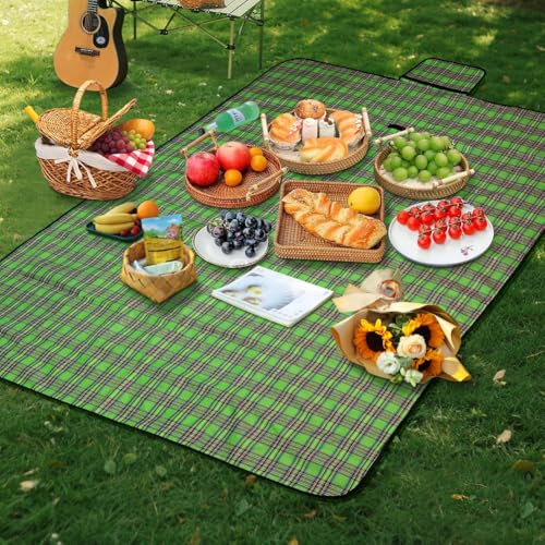 Alaoo Couverture Pique-Nique Tapis Portable, 150x200cm Vertes | Tapis pique-nique portable 150x200cm, rayures vertes, poignée transport, idéal plage et parc
