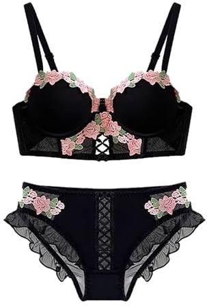Ensemble Lingerie Femme 2 Pieces, Ensemble sous Vetement Femme Brodé De Fleurs Douces Sexy Chic Imprimé Confortable Respirante Push Up Soutien-Gorge Et Taille Basse Doux Culotte Élégants Tenue