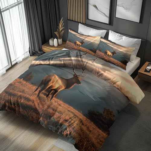 Generisch 155x220 Bettwäsche Hirsch Bettbezug - 2tlg, 1 Kissenbezug 80x80, Wildtiere Tiere Muster, Schlafzimmer Deko, Weiche Mikrofaser Wendebettwäsche mit Reißverschluss - AZ162