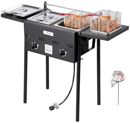 VEVOR Friteuse au Gaz Propane à Double Cuve 9Lx2, Appareil de Cuisson au Propane en Acier Inoxydable, Autoportant avec Plateforme Pliable et Réglage de la Chaleur, pour Extérieur Restaurant Snack-bar