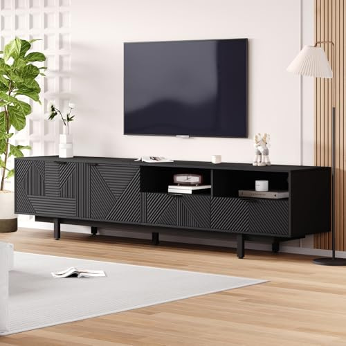 OLIVIBED Mobile TV Lungo 200 cm, con 2 Ante e 2 cassetti, per TV da 90 Pollici, con vano Aperto, Mobile TV per Soggiorno, Camera da Letto, 200 x 40 x 51 cm, Nero