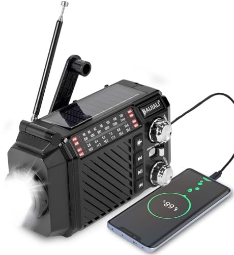 Radio de Emergencia con Manivela y Solar, Radio Portátil Pequeña Am/FM/SW, Linterna LED, SOS, Power Bank 2600mAh Recargable para Supervivencia y Camping - Negro