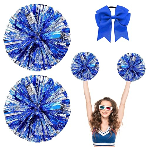 LIULINY 3 Stück Doppellochring Cheerleader Pompons, 1 Haarband Schleife | Metallfolie Pompons Cheerleader Blau gemischt mit Silber Pom Poms Cheerleading fürTänze, WM Fußballfans