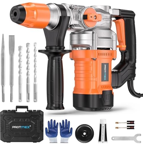 Protmex Bohrhammer SDS-Plus Schlagbohrmaschine - 1500W Abbruchhammer, 3-in-1 (Bohren/Schlagen/Kielen) mit 5 Bohrköpfen, Max 4500 BPM Sicherheitskupplung Bohrhammer für Beton Stahlbeton Fliesenabnahme