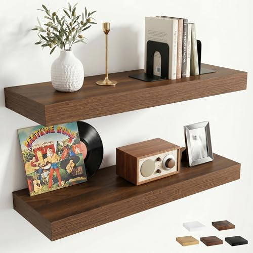 Wandregal 60cm, 2er Set Schweberegal, 19,5 cm tief, 22 kg belastbar Walnuss | Wandregal Holz, extra tief, Regalbrett mit robuster Eisenhalterung für Küche, Schlafzimmer, Wohnzimmer, Badezimmer, Flur