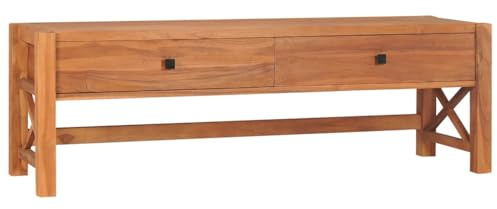 Qnhdfrt TV Lowboard 140x40x45 cm aus Teakholz mit 2 Schubladen, robuster Fernsehschrank für Wohnzimmer, platzsparendes TV Board mit X-Seitenrahmen