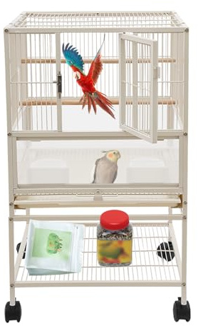 Cage à oiseaux sur pied avec roulettes - Grande volière en métal avec 2 mangeoires et 2 poteaux en bois - Pour oiseaux de petite et moyenne taille tels que perruches