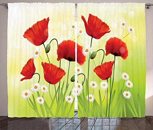 ABAKUHAUS Blume Rustikaler Gardine, Floral Kamille Mohn, Schlafzimmer Kräuselband Vorhang mit Schlaufen und Haken, 280 x 225 cm, Grün Rot