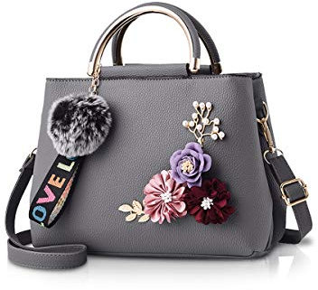 NICOLE & DORIS Damen Leder Handtasche Umhängetaschen mit Blume Jahrgang Griff Tasche Designer Tote Geldbörse mit Pom Pom dunkelgrau