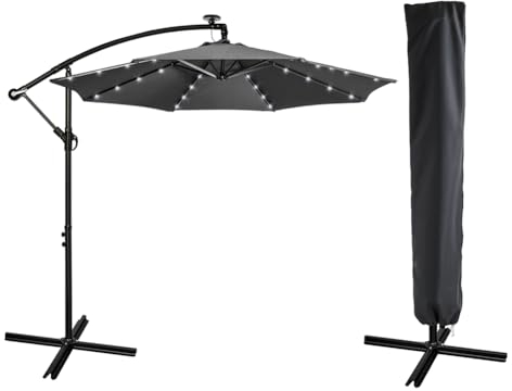 Mondeer Ampelschirm mit Kurbel, mit 32 LEDs, Solarlampe, Ø 300 cm x H 245 cm, 8 Streben aus Stahl, wasserdicht, UV-Schutz 50+, für Balkon, Strand, Garten, 6 Ebenen, Farbechtheit (Grau)