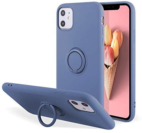 UEEBAI Case for iPhone 11 6.1 inch, Ultra Slim Liquid Silicone Case with 360 Rotatable Ring Holder Kickstand with Magnetic Car Mount Gel Rubber TPU Bumper Shockproof Cover for iPhone 11 - Blue Grey