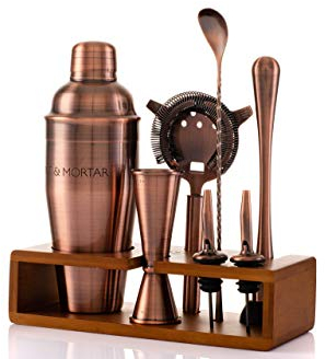 Mint&Mortar 7-Piece Cocktail Shaker Set with Bamboo Stand Stainless Steel Mixology Bartender Kit with Bar Tools for The Home & Professional Great Martini/Margarita 24oz Mixer (Brushed Copper)