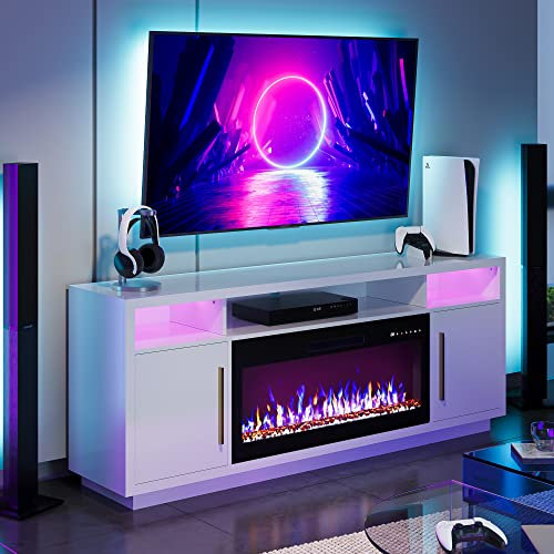 BELLEZE - Supporto TV per camino da 70 pollici per TV fino a 75 pollici, centro di intrattenimento con luce a LED con camino elettrico da 36 pollici, armadio di stoccaggio,