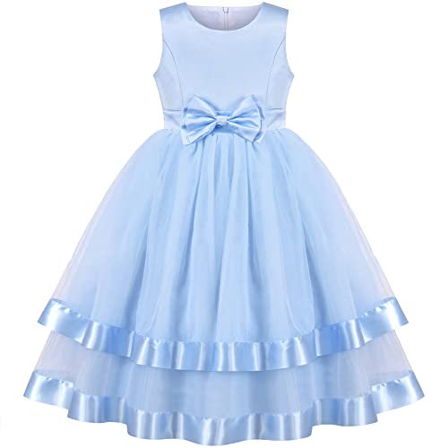 Sunny Fashion Robe Fille Bleu Nœud Papillon Partie Reconstitution Historique Robe de Bal Mariage Princesse 12 Ans