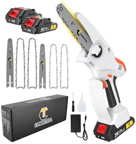 CONENTOOL 5000mAh Mini Chainsaw Cordless 8 Inch & 6 Inch, Electric Chainsaw with Security Lock, Battery Chainsaw with 2 Battery, 4 Chainsaw Chain, 2 Guide Bar for Garden Tree Trimming, White