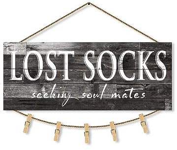 1 KINGO Lost Socks Laundry Room Schild, Bauernhaus-Wanddekoration, Wäscheschild, Lost Socks Seeking Soul Mates, Leinwanddruck, rustikale Plakette, Badezimmer-Dekoration, 15,2 x 38,1 cm