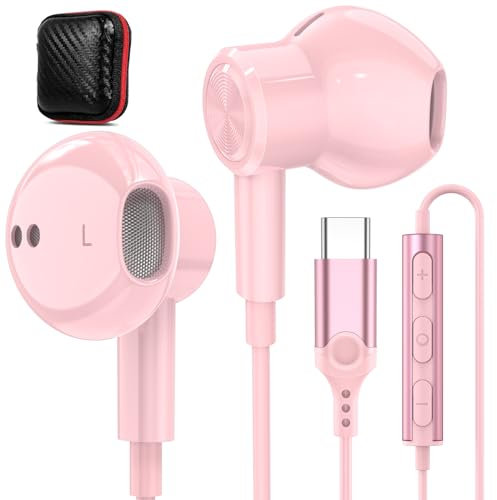 Écouteurs filaires USB C magnétiques USB-C HiFi stéréo de type C avec contrôle du volume pour iPad 10, iPhone 16 15 Plus, Samsung Galaxy, Google Pixel, Motorola Edge/Razr, Oneplus, rose