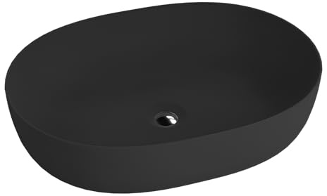LAVITA Aufsatzwaschtisch Blas Black Aufsatzwaschbecken Oval Waschbecken ohne Überlauf und Hahnloch Aus hochwertigem Porzellan Waschtisch modernes Badkeramik Waschplatz 59,5x43x13,5 cm Schwarz Matt