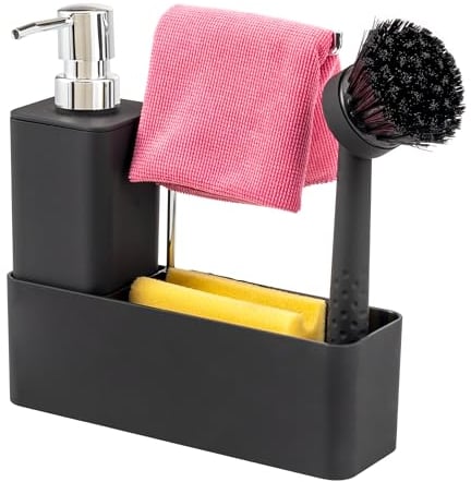 eluno Spülbecken Organizer mit Soft-Touch Oberfläche für Küche & Bad, Spülutensilienhalter inkl. Seifenspender, Spülbürste mit Bürstenkopf und Spültuchhalter, mit Ersatzbürstenkopf und Pumpe, schwarz