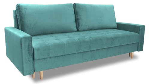 Furniture-Adamski Schlafsofa Alex, Sofa mit Schlaffunktion und Bettkasten, Klappsofa, Schlafcouch mit Füßen aus Holz, Couch in Velourstoff, Frabe: Türkis