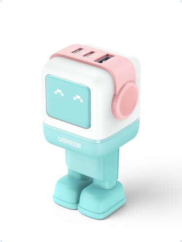 UGREEN Uno 65W 3 Ports Chargeur USB C Rapide GaNFast en Forme de Robot Mignon Compatible avec iPhone 16 Pro Max Plus 15 14 13 12 11 Pixel Galaxy PSS 45W 25W S24 S23 iPad MacBook Pro Air (Bleu Rosé)