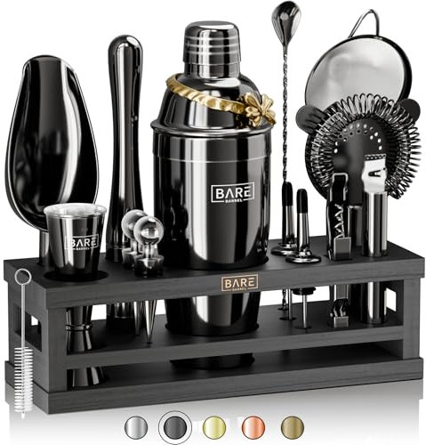 BARE BARREL® Mixology Barkeeper-Set Bar-Set | 16-teiliges Cocktail-Shaker-Set | Martini-Barzubehör Mixwerkzeuge für zu Hause | inkl. 35 Rezeptkarten | Geschenkset (680 ml Cobbler Shaker, Jet