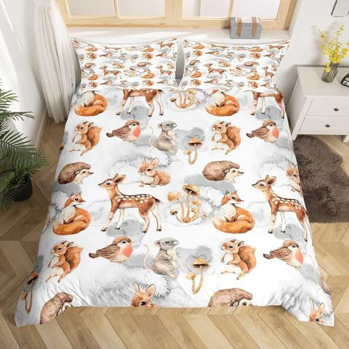 Loussiesd Kinder Hirsch Bettbezug Set Cartoon Kaninchen Squirrel Pilze Bettwäsche Set für Jungen Mädchen Niedlich Wald Fuchs Igel Bettwäsche Set 135x200cm Nature Thema Dekor