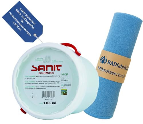 BADfabrik24 SANIT Gleitmittel 1 l Eimer + Mikrofasertuch – trinkwassergeeignet, säurefrei & hautverträglich – für Rohr-, Muffen- & Schlauchverbindungen – ideal für Installationen
