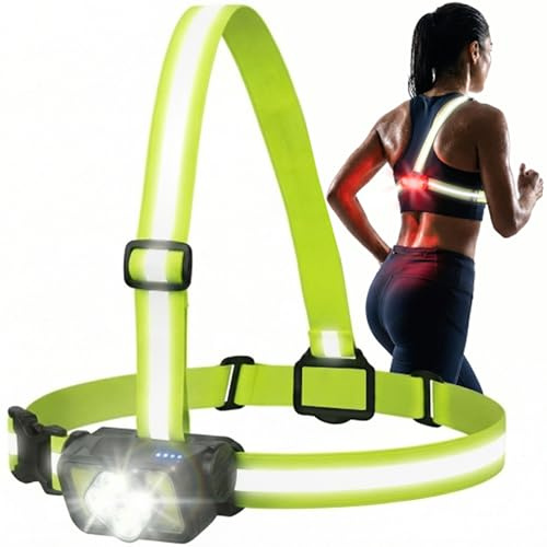 Lampe de Course STEEL – Harnais LED Running 300 Lumens Rechargeable USB – Gilet Lumineux Haute Visibilité 200-500 m – Tour de Taille Ajustable 80-130 cm – Sécurité Vélo, Marche, Jogging – CE